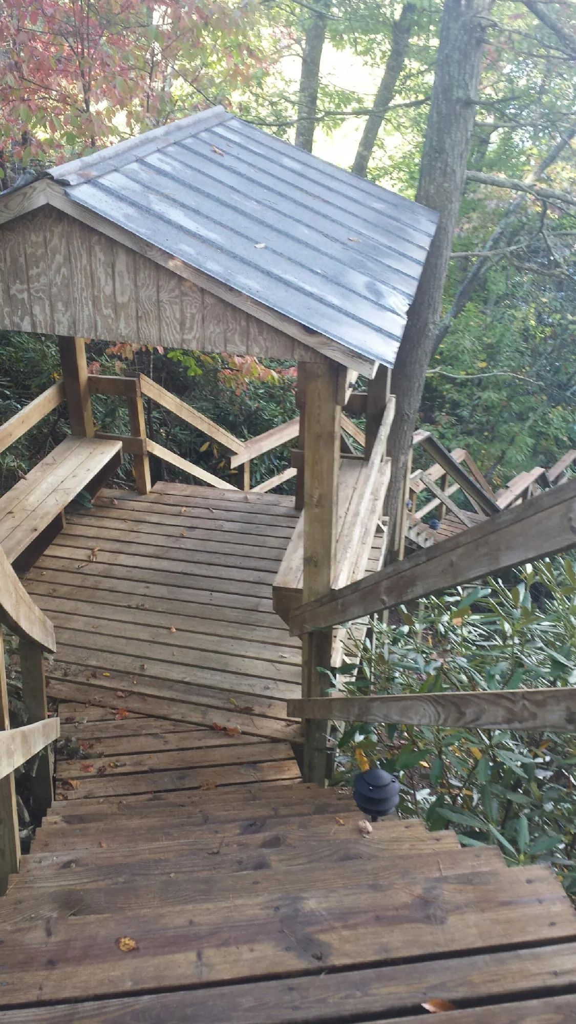 Metal roofed shelter over wooden steps on a wooded walkway — Skylight Repair & Installation work by our crew in Millersport